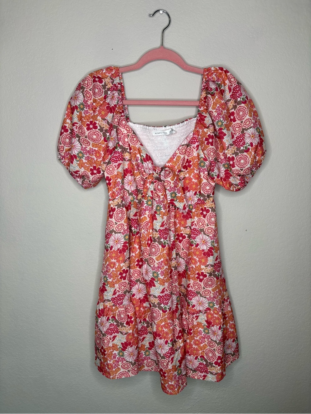 Altar’D State Floral Puff-Sleeve Mini Dress in Coral & Pink